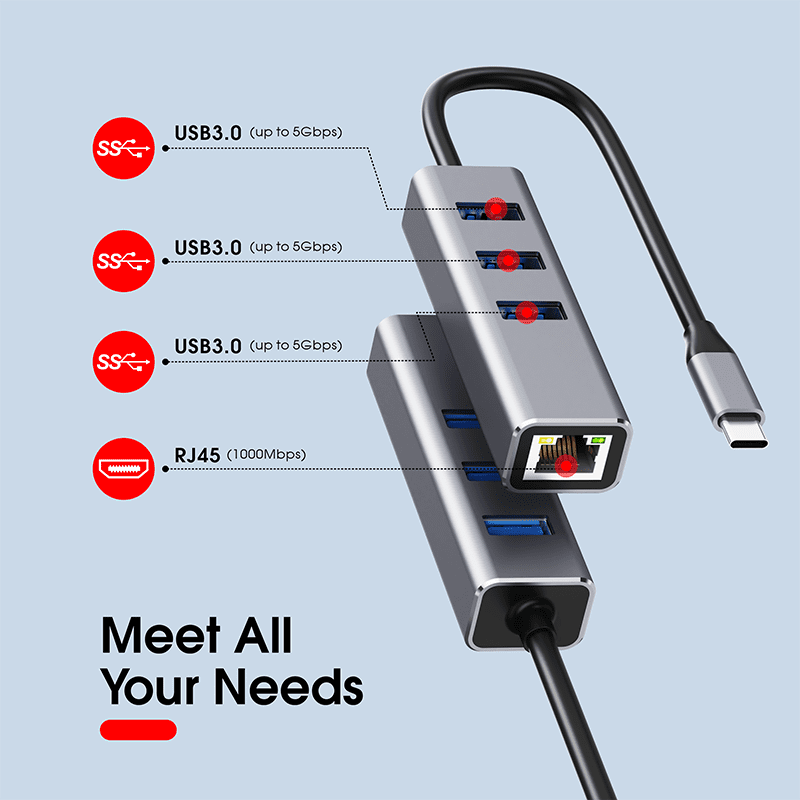 DOONJIEY  4 in 1 USB C Hub 3 USB Hub 3.0 1000mbps RJ45 Gigabit Ethernet USB A Type c Docking Station