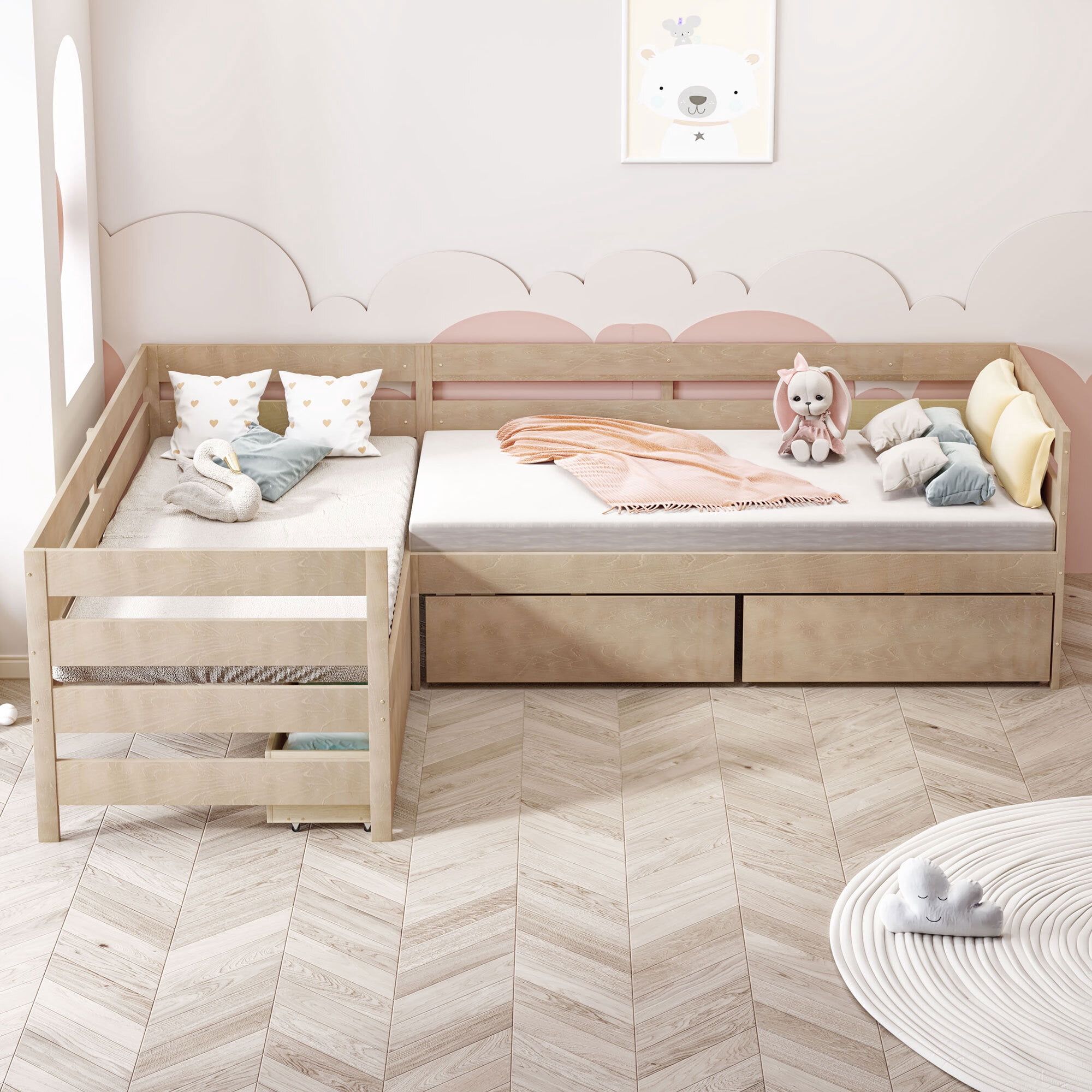 Euroco Wood Twin Size L-Shaped Platform Bed, 2 Beds in One with Drawers, Natural