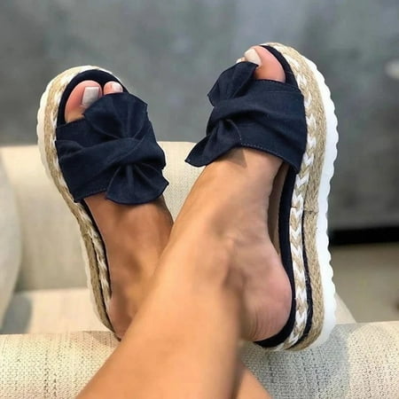 Women Shoes Breathable Toe Women s Summer Weave Flat Beach Shoes Open On Sandals Bow Women s Sandals Blue 8.5
