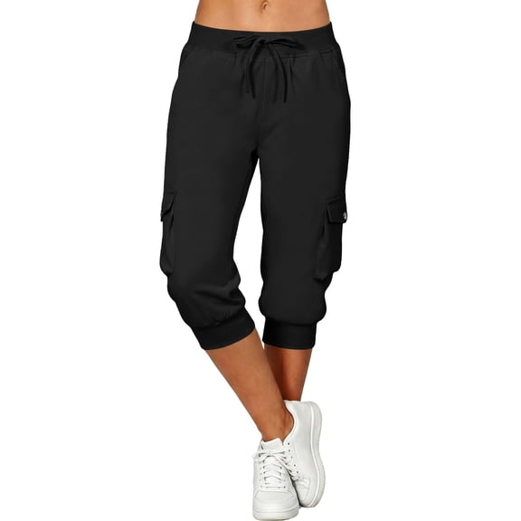 Womens Capri Pants,Capri Pants for Women Summer Solid Color Capri Joggers with Pockets High Wasit Drawstring Casual Capris