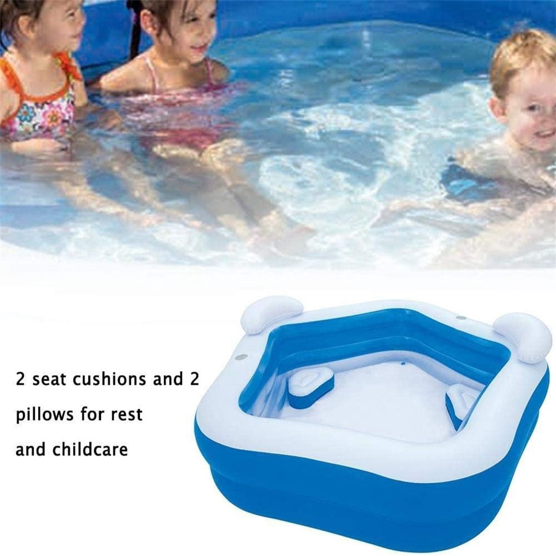 84"×82"×27" 2-Seat Inflatable Rectangle Pool, Family Paddling Pool with Headrest & Cup Holder, Waterproof Wear-Resistant Summer Water Lounge for Outdoor Garden Backyard, Blue