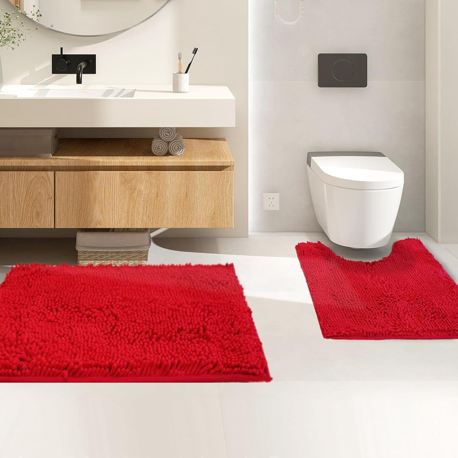 Bathroom Rugs Sets 2 Piece,Super Absorbent Soft,Thick,Machine Washable Chenille Bath Mat,Non Slip Toilet Floor Rug,Bath Mats for Bathroom,20x32 Plus 20x20 U Shape,Red