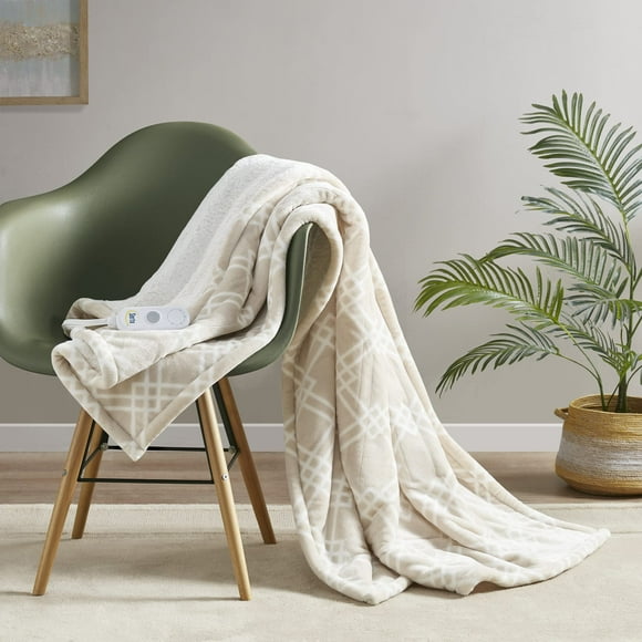 Serta Reversible Fleece to Sherpa Electric Blanket Fast Heating Soft Cover, Safety Auto Shut Off Timer, Low EMF, Multi Heat Setting, ETL Certified, Machine Washable, Latte Tan Geo Throw (50""x 60"")
