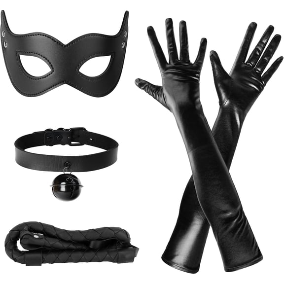 4Pcs Halloween Cat Woman Costume Accessories, Black Cat Mask Cosplay Costume for Women, Faux Leather Gloves Necklace Outfit