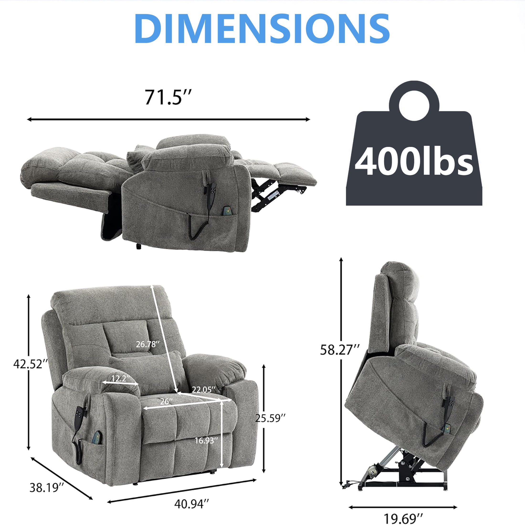 Oversized Power Lift Recliner Chair with Massage and Heat for Elderly, UHOMEPRO Large Wide Seat Recliners for Big and Tall, Safety Motion Reclining Mechanism with Hidden Cup Holder, Gray