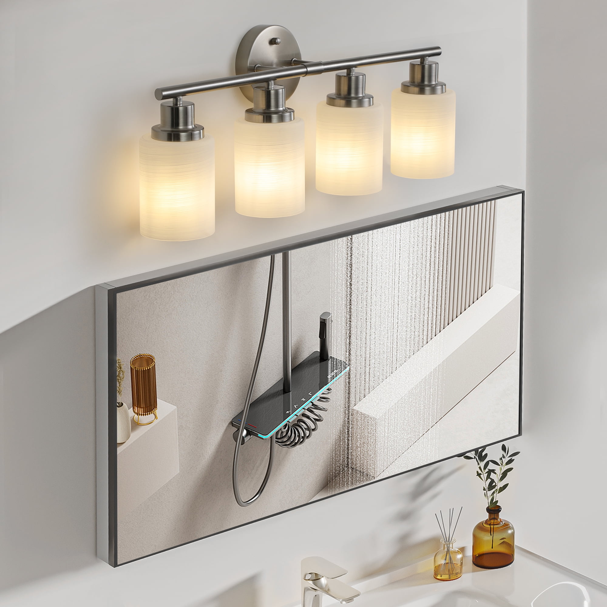 Modern Bathroom Light Fixtures Over Mirror, 4-Light 24.4in Vanity Lights ,Milky White Glass Shades, Wall Sconces Brushed Nickel