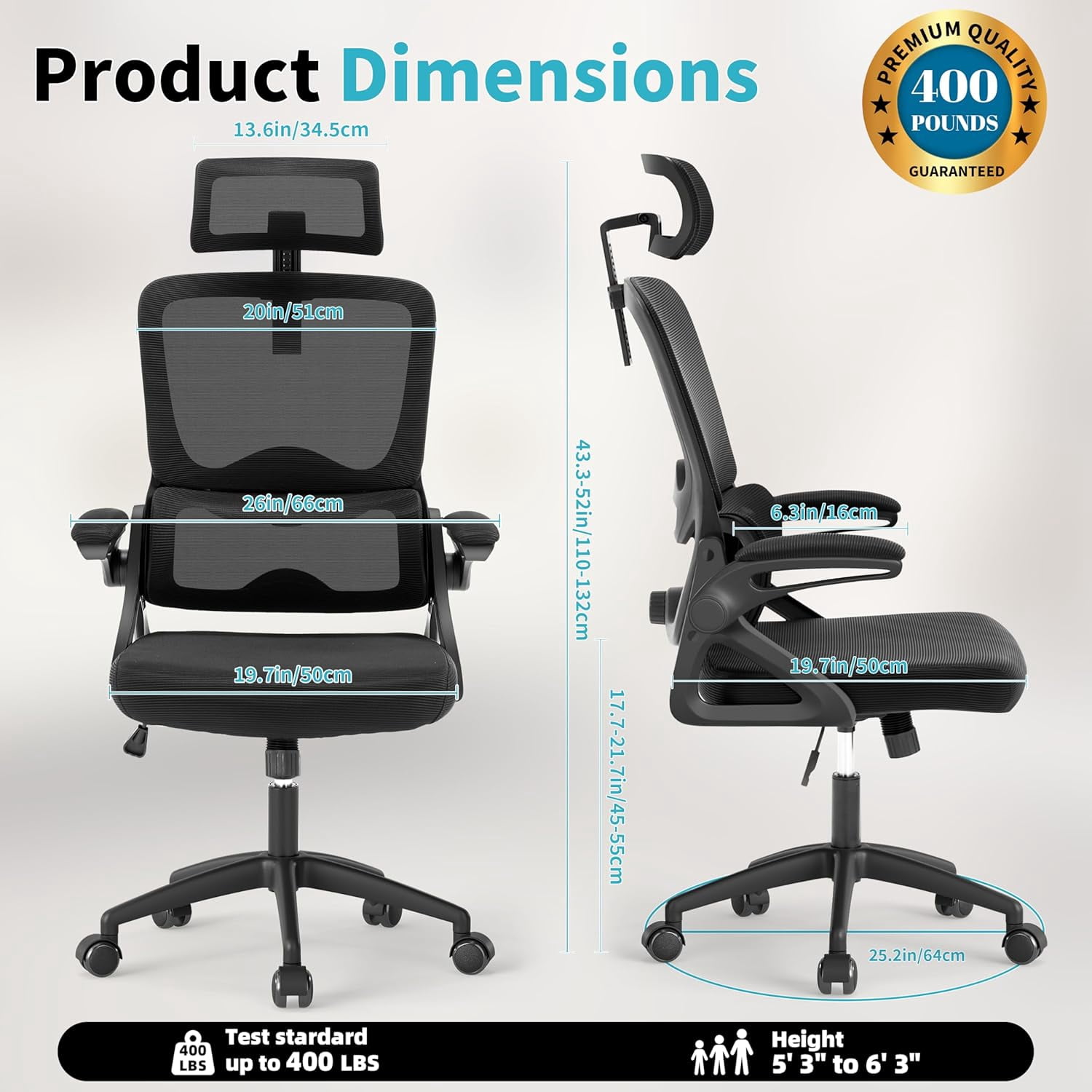 Ergonomic Office Chair,Mesh Office Chair with Lumbar Support,High Back Desk Chair with Flip-up Arms,400 lbs Big and Tall Computer Chair with Headrest,Comfy Desk Chairs (Black)