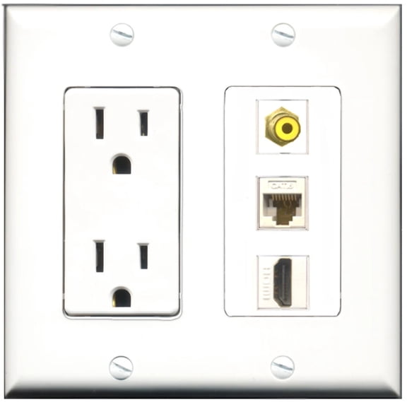 Ultra Spec Cables 15 Amp Power Outlet 1 Port HDMI 1 Port RCA Yellow 1 Port Cat6 Wall Plate