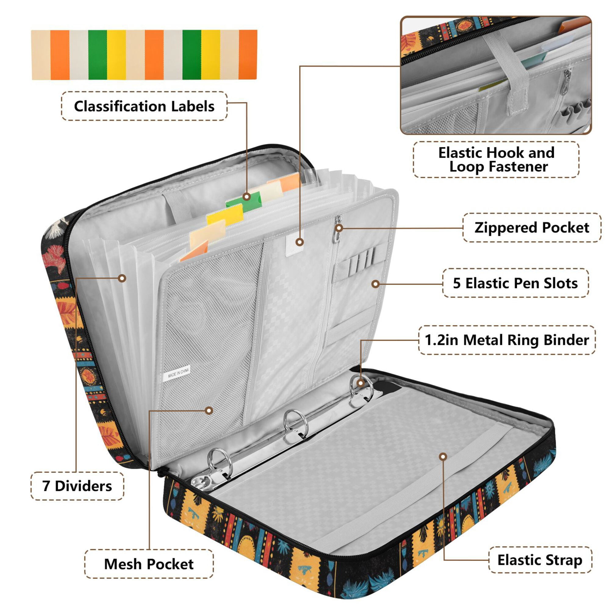FORMRS Accordion File Folder A4 Size 7-Pocket Expanding Document Organizer Bag with 3 Ring Binder, Orange Geometric
