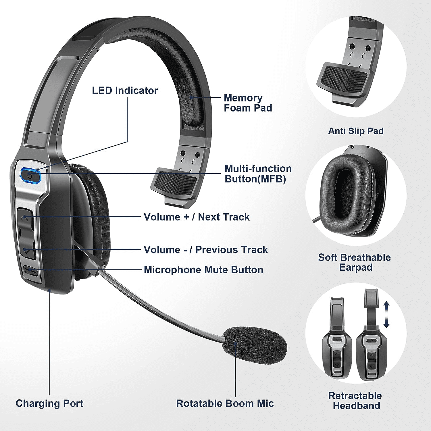 FST Trucker Bluetooth 5.2 Wireless Headset With Noise Cancelling Mic For Phones PC
