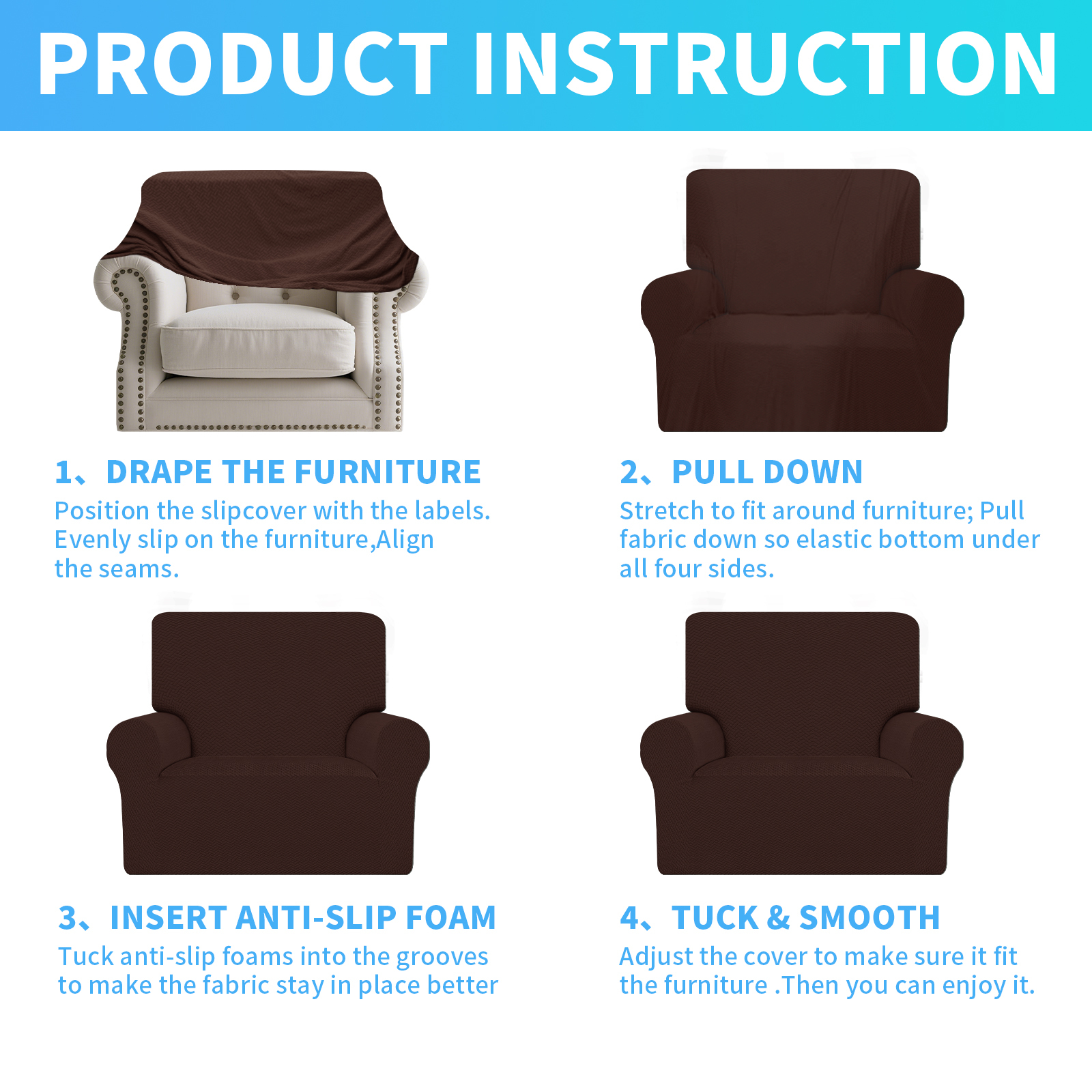 Debonair Stretch Jacquard Couch Cover with 1 Pillowcase, 1-Piece Soft Sofa Cover, Sofa Slipcover with Anti-Slip Foams, Washable Furniture Protector for Pets (Chair, Chocolate)