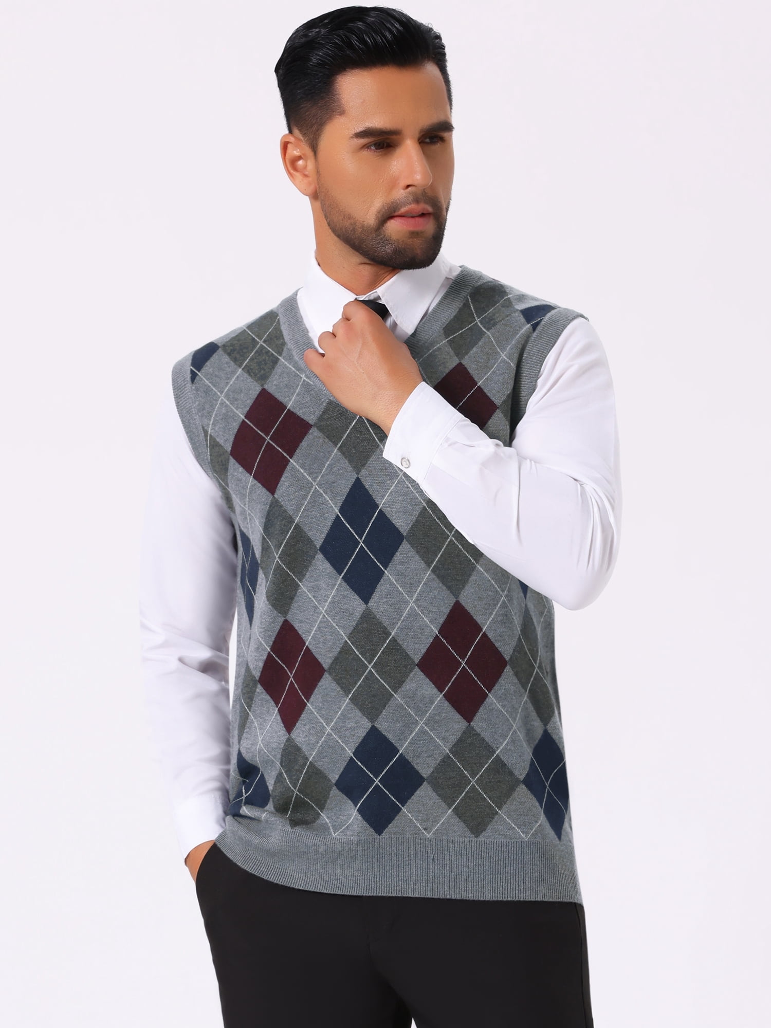 DARING DIVA Men's Casual Knit Sleeveless V-Neck Plaid Argyle Sweater Vest M Light Gray