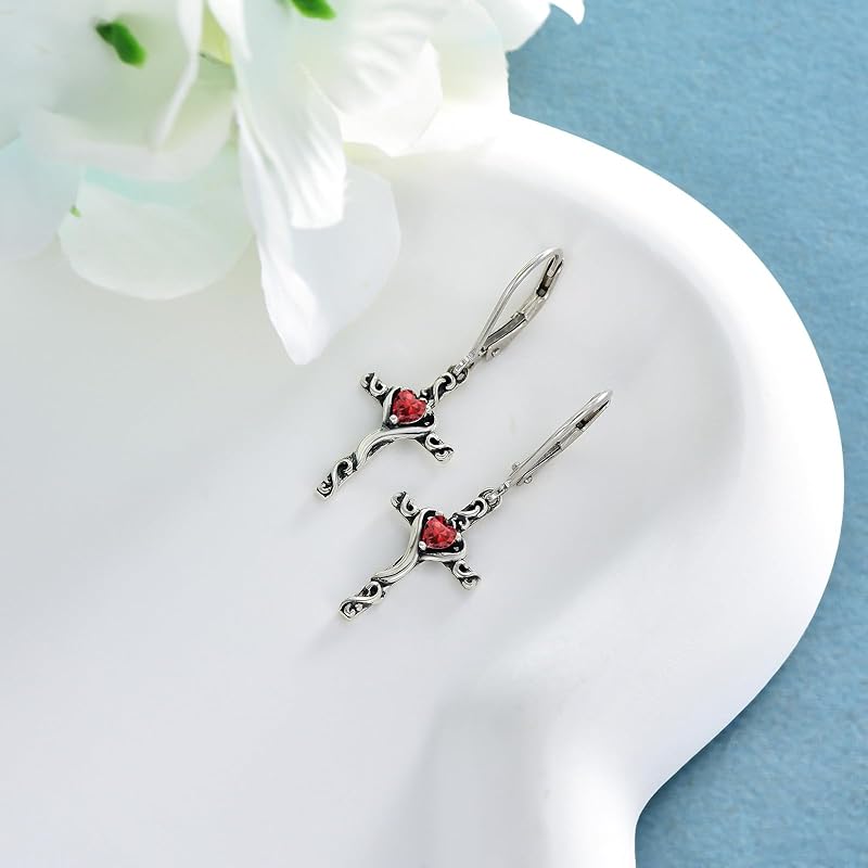 JKR Birthstone Cross Earrings 925 Sterling Silver Heart Cross Dangle Drop Earrings Fine Jewelry Birthday Gifts for Women Her Girlfriend