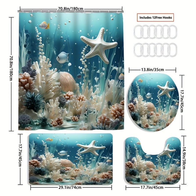 4pcs Ocean Series Blue Coral Shower Curtain Set Decorative Bathroom Set Waterproof Shower Curtain Non slip Floor Mat Toilet Lid Bathroom Mat and 12 Plastic Hooks Bathroom Accessories Home Decor