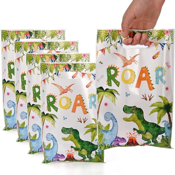 CCOCC 50Pcs Dinosaur Party Favor Bags with Handles,Plastic Treat Bags for Candy&Small Gifts,Bulk Supplies for Wedding Baby Shower Goodie Bags,Holiday Gift Bags,Birthday Party Decorations