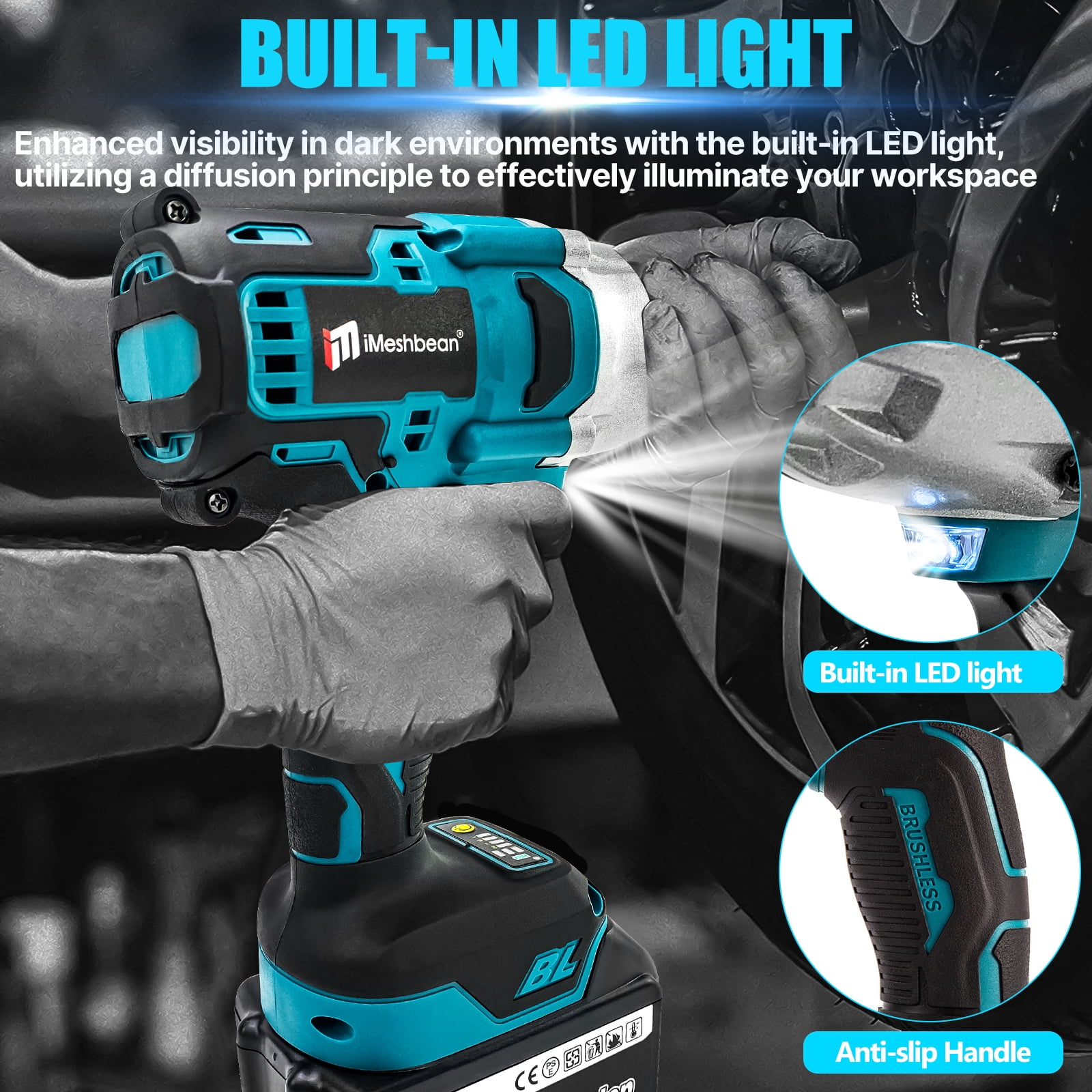 iMeshbean 21V Cordless Electric Impact Wrench Gun 1/2'' High Power Driver 1000N.m w/ 2PCS Battery