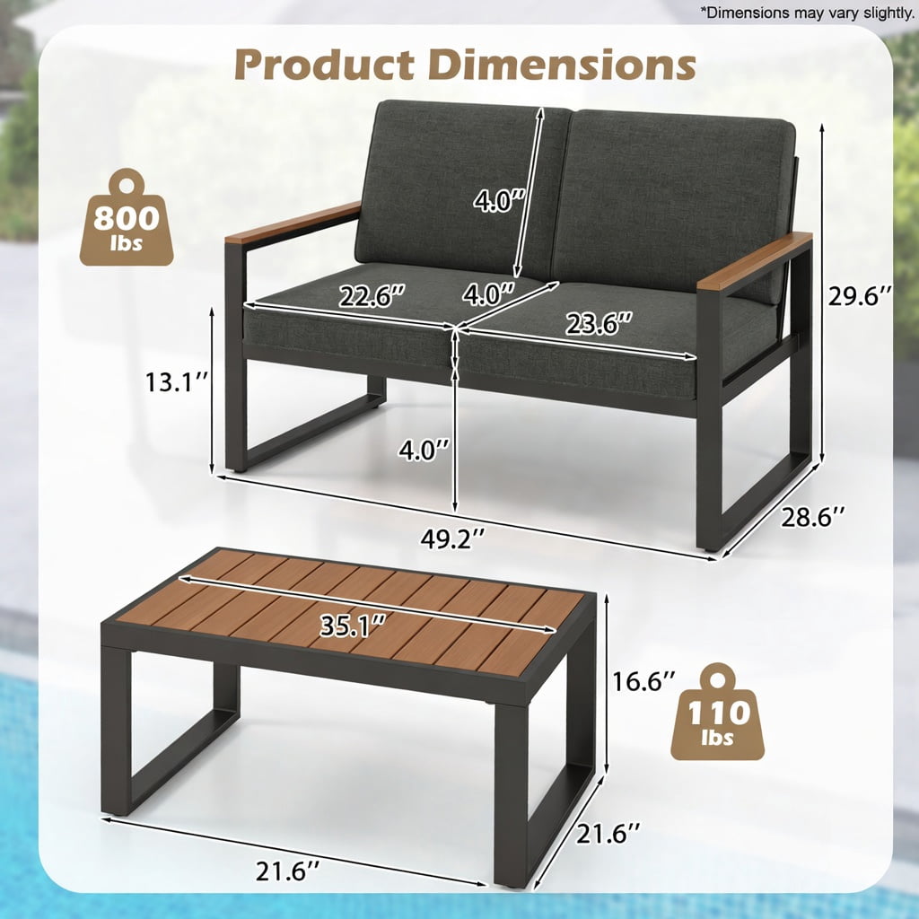 Hommoo 2-Piece Aluminum Patio Furniture Set, Cushioned Loveseat & Coffee Table with Wood-Plastic Armrests and Tabletop, Rust-Resistant Outdoor Seating for Backyard, Porch, Poolside, Gray