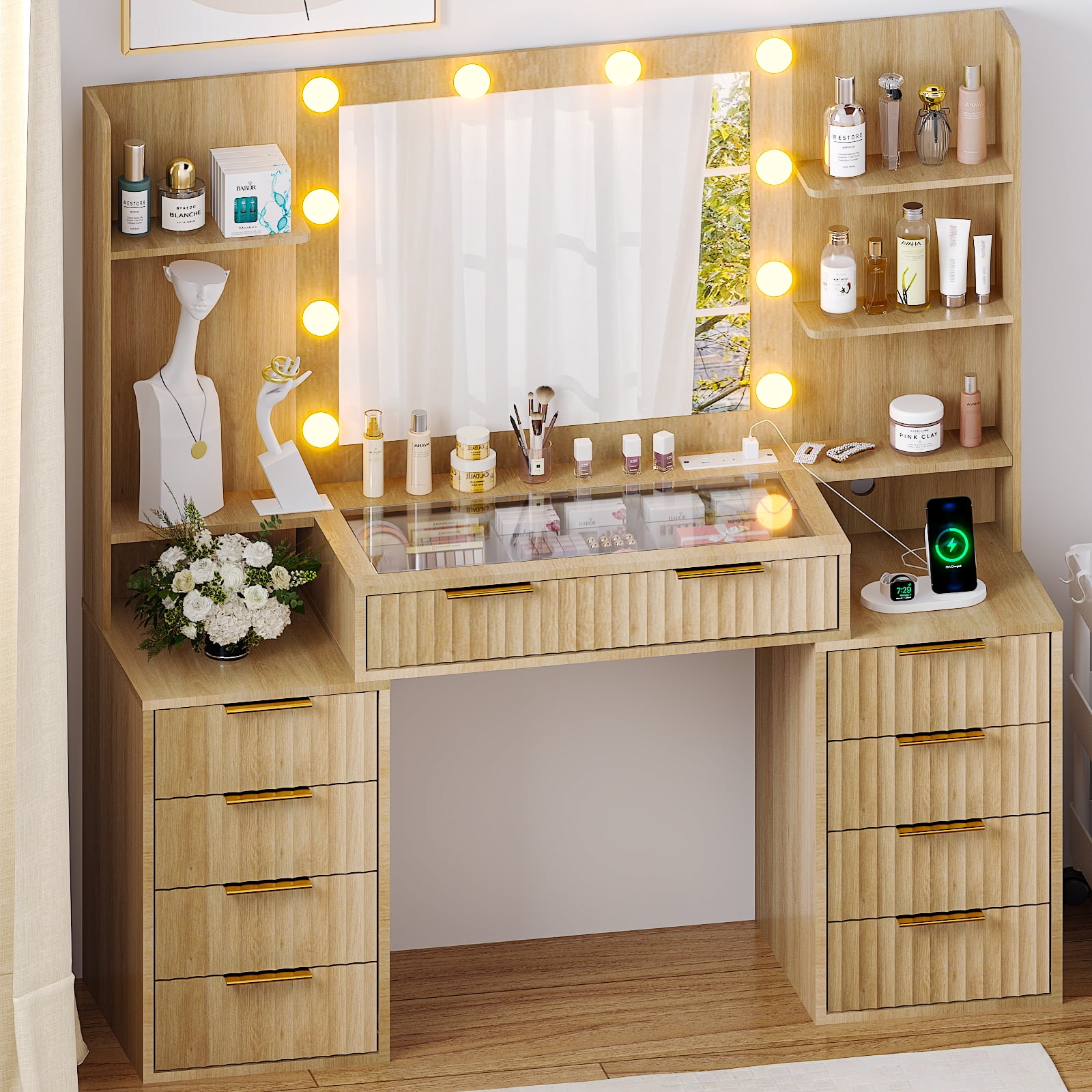 Ktaxon Large Makeup Vanity with 9 Drawers, Flutted Vanity Table Set with Lighted Mirror, Get Ready with Me, Wood Color