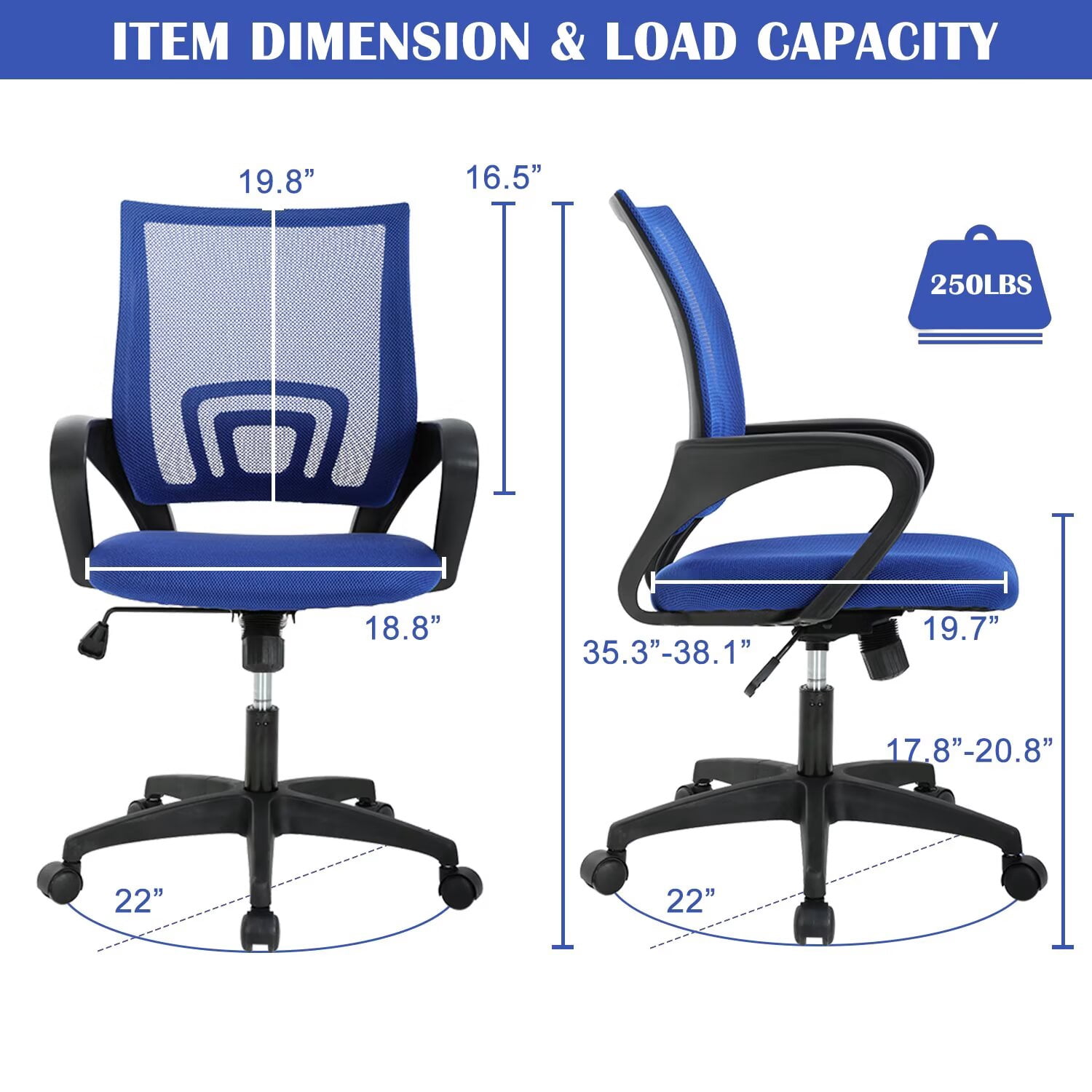 YRLLENSDAN,Ergonomic Office Chair,Home Office Desk Chairs,Swivel Desk Chair,with Handrails,Adjustable Height,Suitable for Offices and Bedrooms,Blue