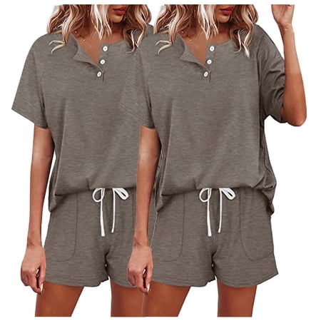Virmaxy Summer Sleepwear Set for Women 2PC Short Sleeve Button Front Top and Star Print Shorts Pajamas Loungewear Set Khaki-1 L