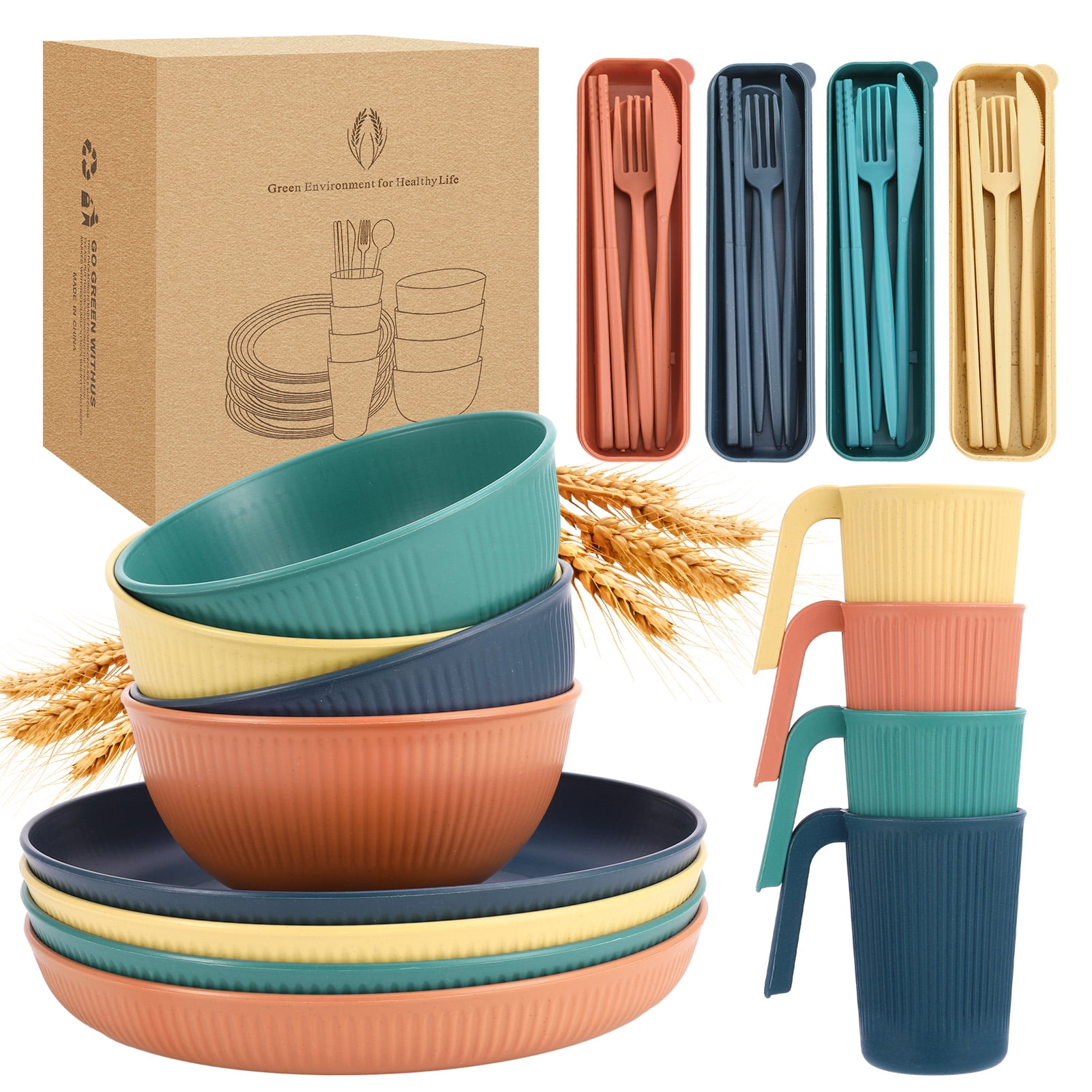 Bocaoying Unbreakable Reusable Lightweight Wheat Straw Dinnerware Sets for 4, 36 Piece