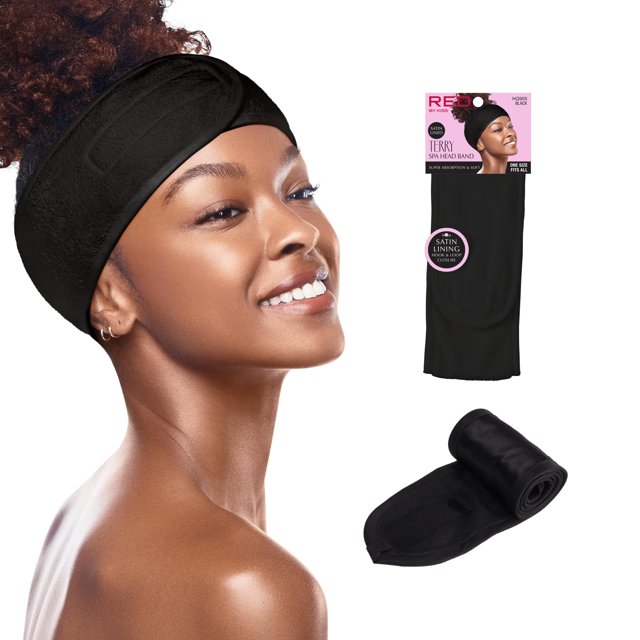 Red by Kiss Spa Diadema para lavar la cara Gancho y bucle ajustable Envoltura Maquillaje facial Banda para el cabello Forro de satén sedoso Ropa de rizo para ducha Baño Máscara de lavado Deporte Yoga