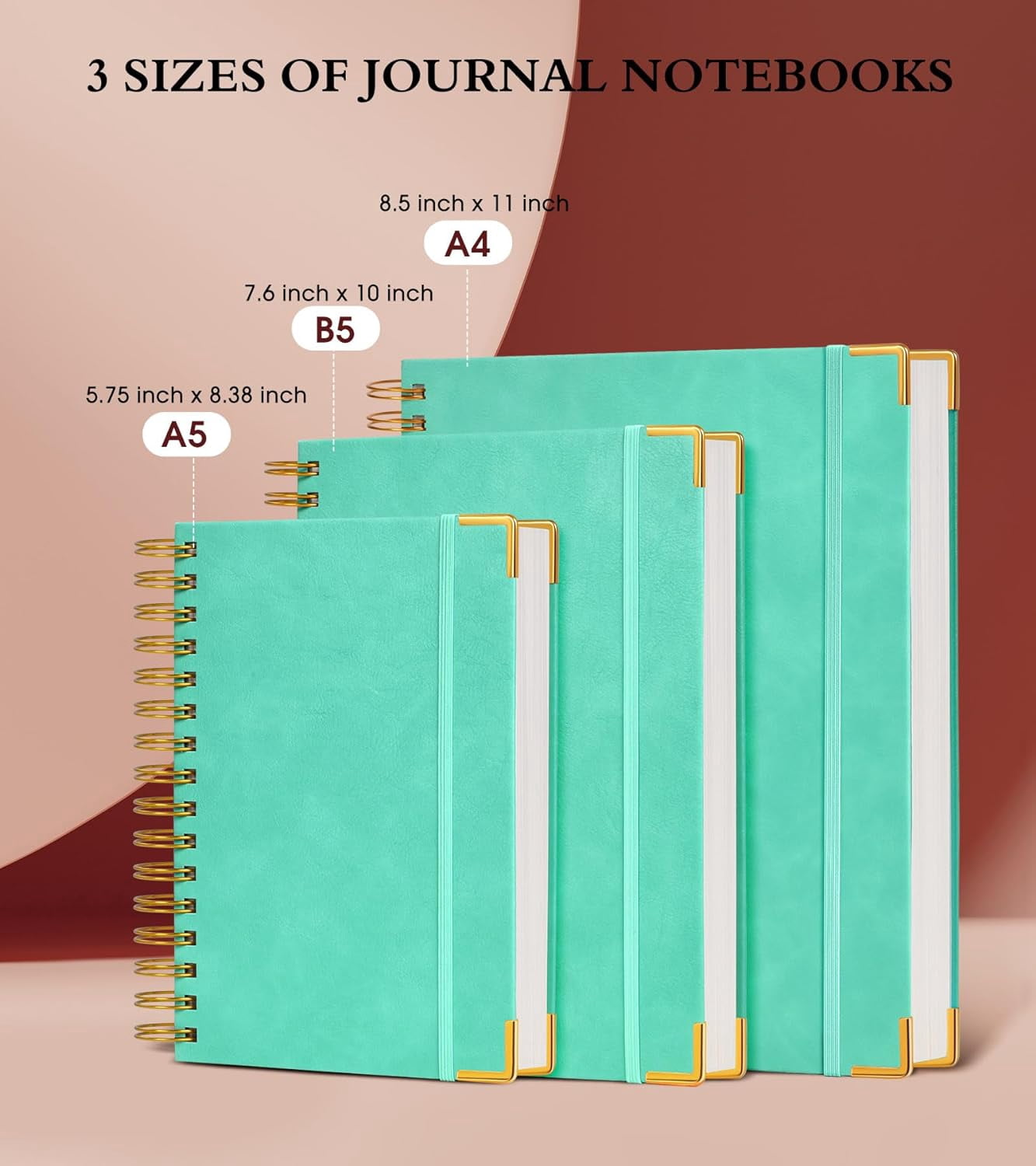 5.75"×8.38" A5 Leather Hardcover Spiral Notebook, 300 Pages, 100GSM College Ruled Journal for School Work, Teal
