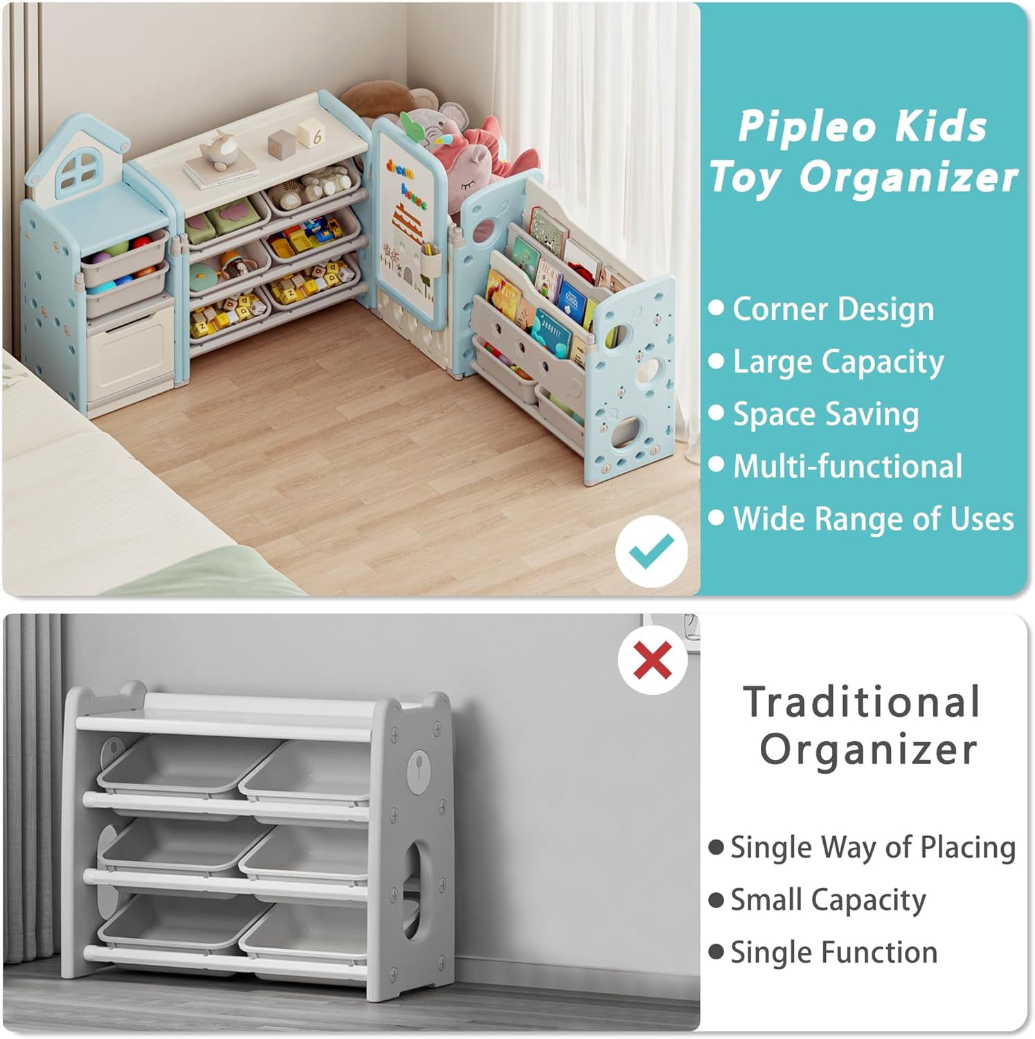 Kids Toy Storage Organizer with 3-Tier Bookshelf, NEORIVER Collapsible, 87.4W x 12.6D x 35.8H", with Removable Bins, Drawing Board & 3 Brushes