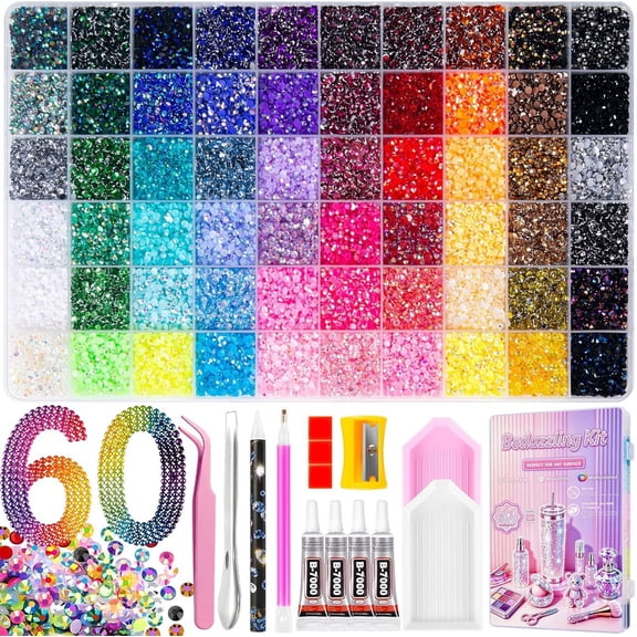 Bedazzling Kit 48000Pcs 60 Colors 3mm Resin Rhinestones - Diamond Art Multicolor Flatback Gems Nail Crafting Makeup, with 4Pcs 10ml B7000 Jewelry Glue & Tools - Christmas Birthday Gifts