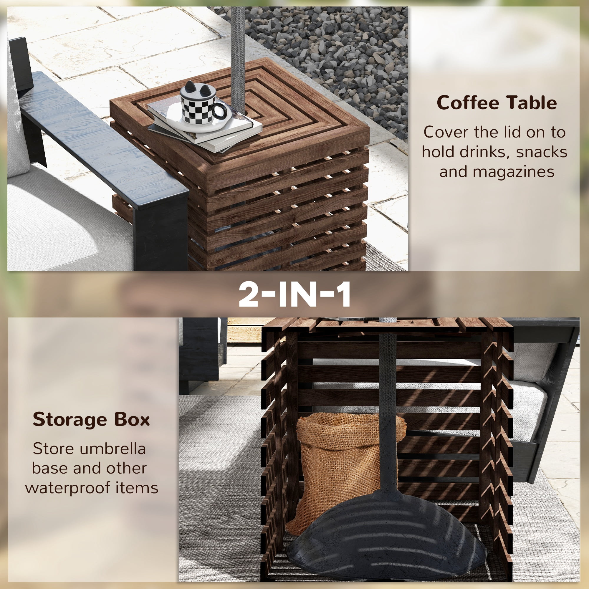 Outsunny 2-in-1 Outdoor Storage Box for Umbrella Base, Coffee End Table, Wooden Patio Umbrella Stand Table, Brown