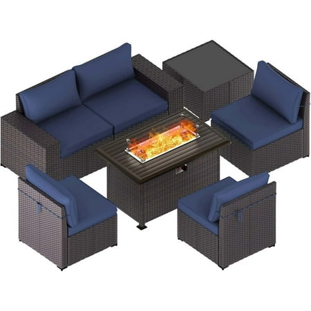 Gotland Outdoor Patio Furniture Set 7 Pieces Rattan Wicker Sectional Sofa with 43.3 Gas Fire Pit Table Navy Blue