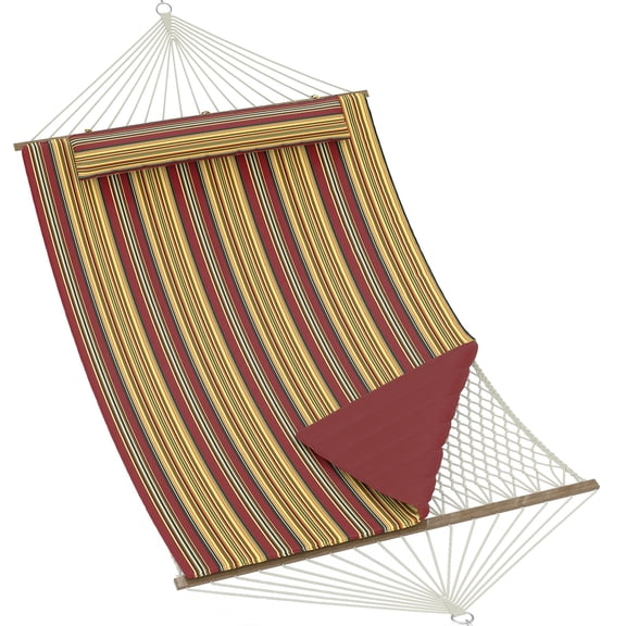 Garvee 2 Person Outdoor Hammock with Stand, Cotton Rope Hammock with Polyester Pad, Adjustable Steel Frame for Patio Backyard Garden Beach – Red-Yellow Stripe, 350cm