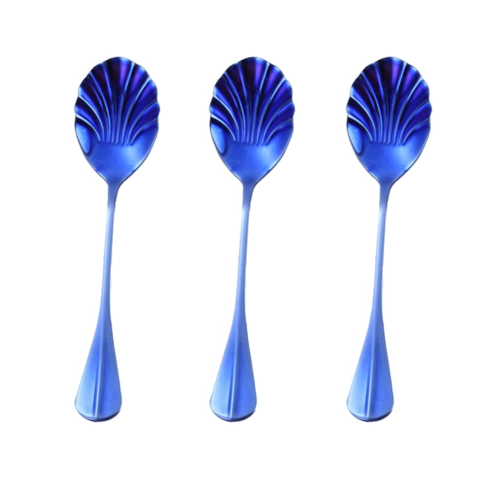 3 Pcs Stainless Steel Spoons Creative Shell Heads Style Long Handle Stirring Coffee Spoons for Milk Tea Cocktail Ice Cream (Blue)