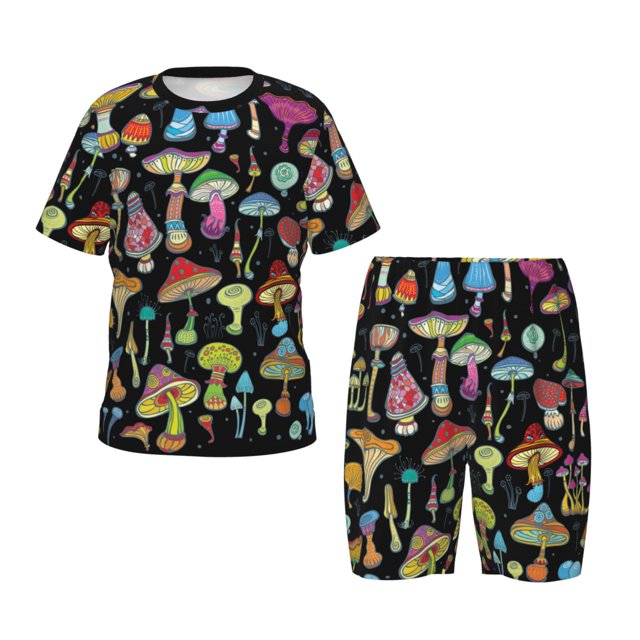 Fotbe Bright Mushrooms Pijama Estampada de 2 Piezas para Niños – Ropa de Dormir de Manga Corta Cómoda para Niños y Niñas, Camiseta y Shorts de Algodón-Large