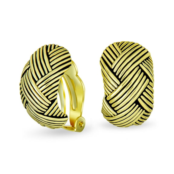 Bling Jewelry Womens Half Hoop Woven Dome Basket Weave Clip-On Earrings Gold
