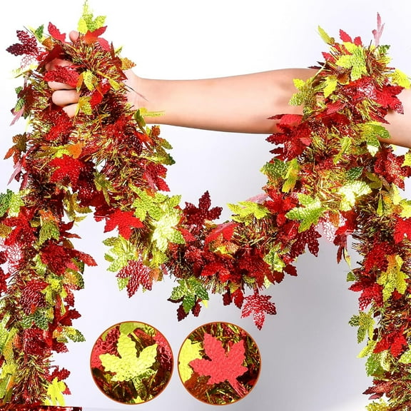 Jinswick 6.56FT Thanksgiving Tinsel Garland,Fall Maple Leaves Garland Metallic Hanging Garlands for Fall Party Thanksgiving Home Decoration Supply Indoor Outdoor（2Pack）