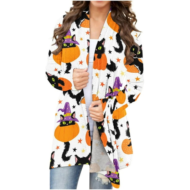 Moda mujer camiseta de manga larga otoño frente abierto suelto prendas de vestir exteriores blusa estampada abrigo Tops Halloween Cardigan blusa Fridja hkj2444