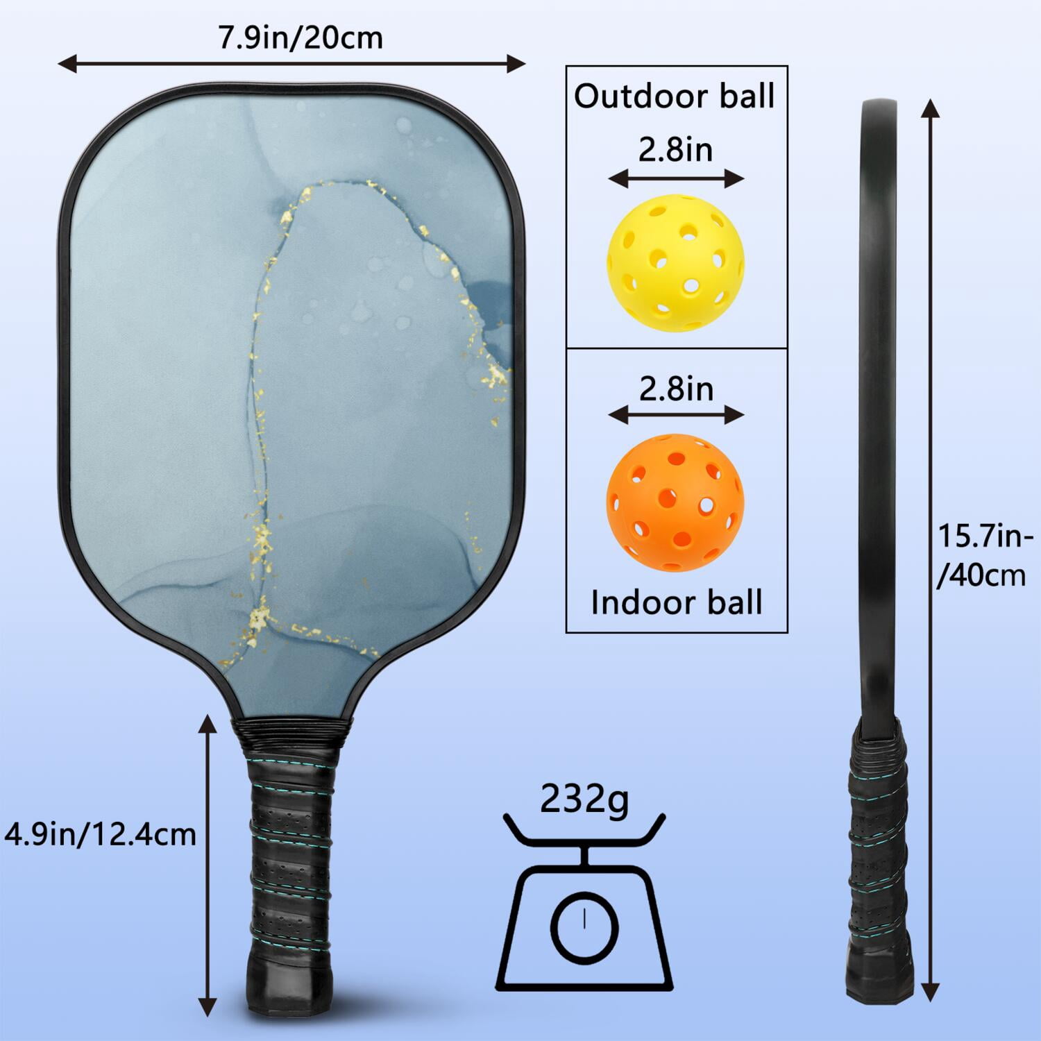 Pickleball Paddles Set Of 1, Fiberglass Surface, Turquoise Marble Pattern, 1 Paddle, 2 Balls & Bag