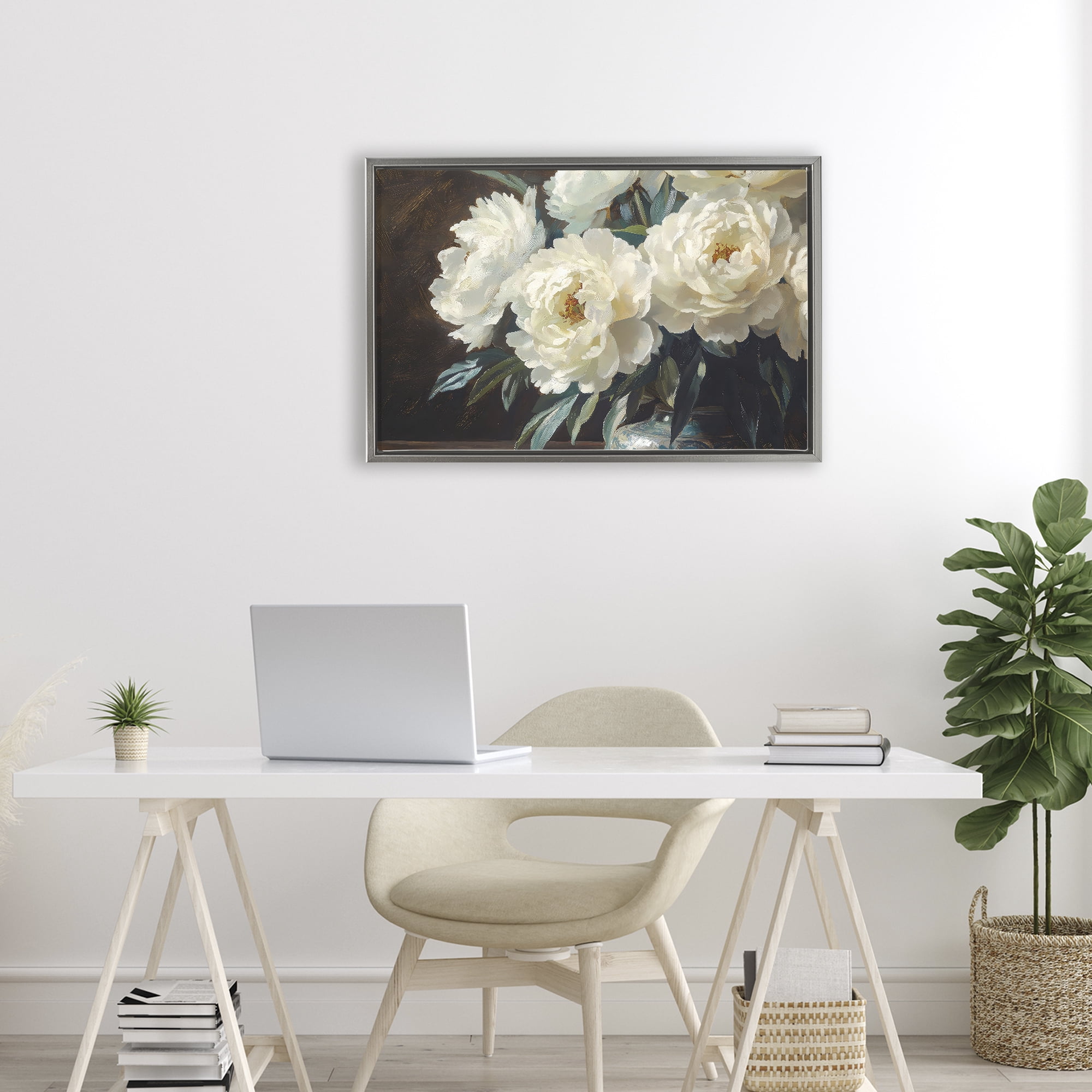 Stupell Industries Large Moody White Floral Gray Framed Floater Canvas Wall Art, design by Petal Prints Design