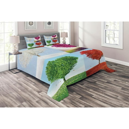Adoration Quilts - Nature Coverlet Set, Heart Shaped Trees in Four Seasons of Year Love and Adoration Themed Illustration, Decorative Quilted Bedspread Set with Pillow Shams Included, Multicolor, by Ambesonne