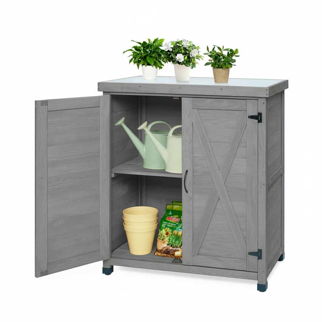 Mintazer Farmhouse Outdoor Potting Bench with Storage Cabinet, Patio Workstation with Metal Top, Gray