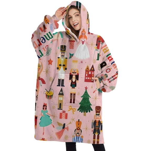 Oversized Wearable Blanket Hoodie,Pink Christmas Nutcracker Pattern Sherpa Blanket Hoodie with Super Pockets,Super Warm Fuzzy Pullover for Women & Men