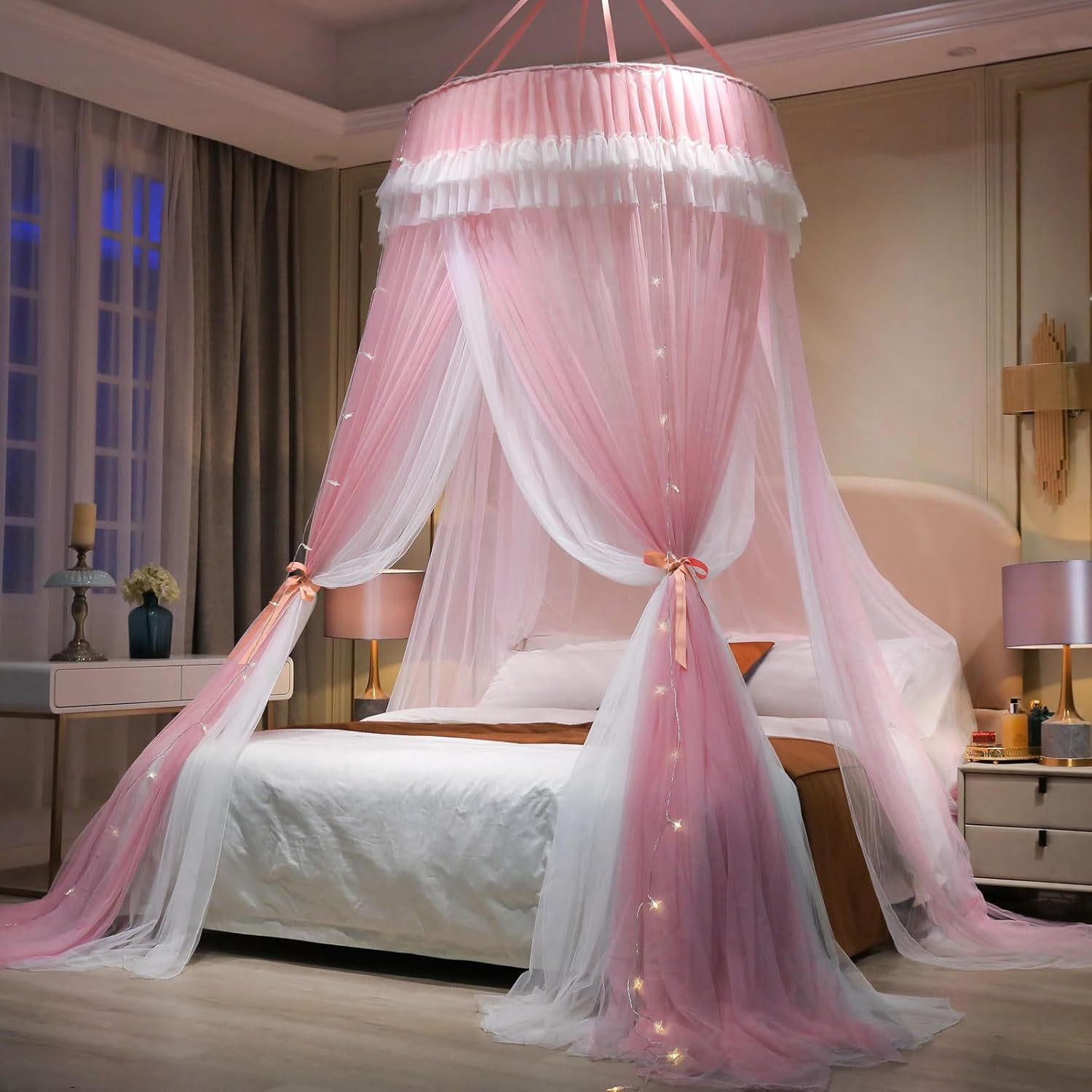 Girls and Adults Canopy Bed, Elegant Double-Layer Bed Curtain, Children's Dream Round Lace Mosquito Net, Princess Canopy Net - Fits Twin, Full, Queen, and King Beds (White/Blue)