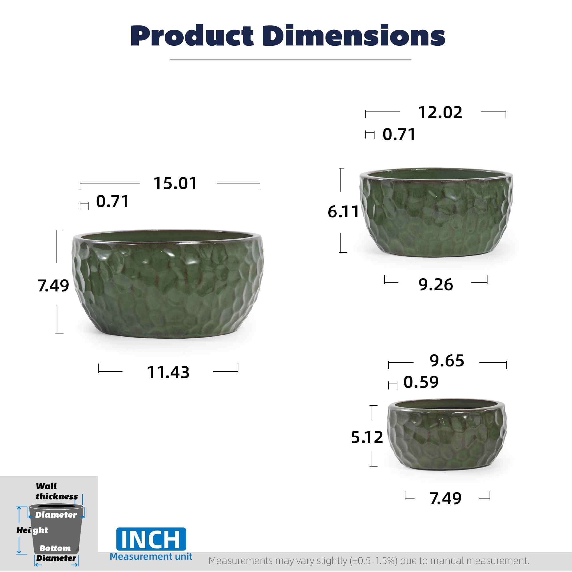 Leumius Set of 3 Handmade Ceramic Planter, 15"/12"/10" Diameter, Green Hammered Texture, for Succulents & Violets, Indoor/Outdoor Use on Windowsill & Bookshelf Green