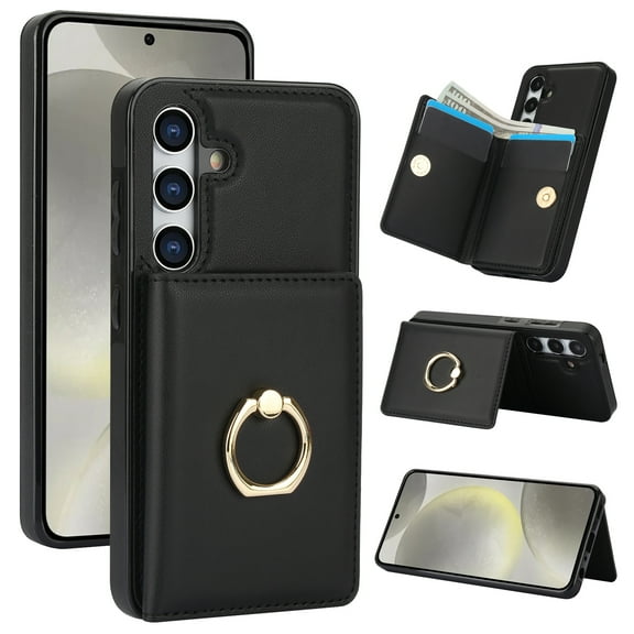 ELEHOLD Case for Samsung Galaxy S24,Business PU Leather Stand Case with Card Holder & Ring Holder,Black