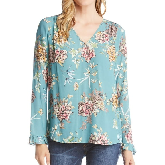 Karen Kane Womens Floral Ruffled Blouse, Blue, Medium