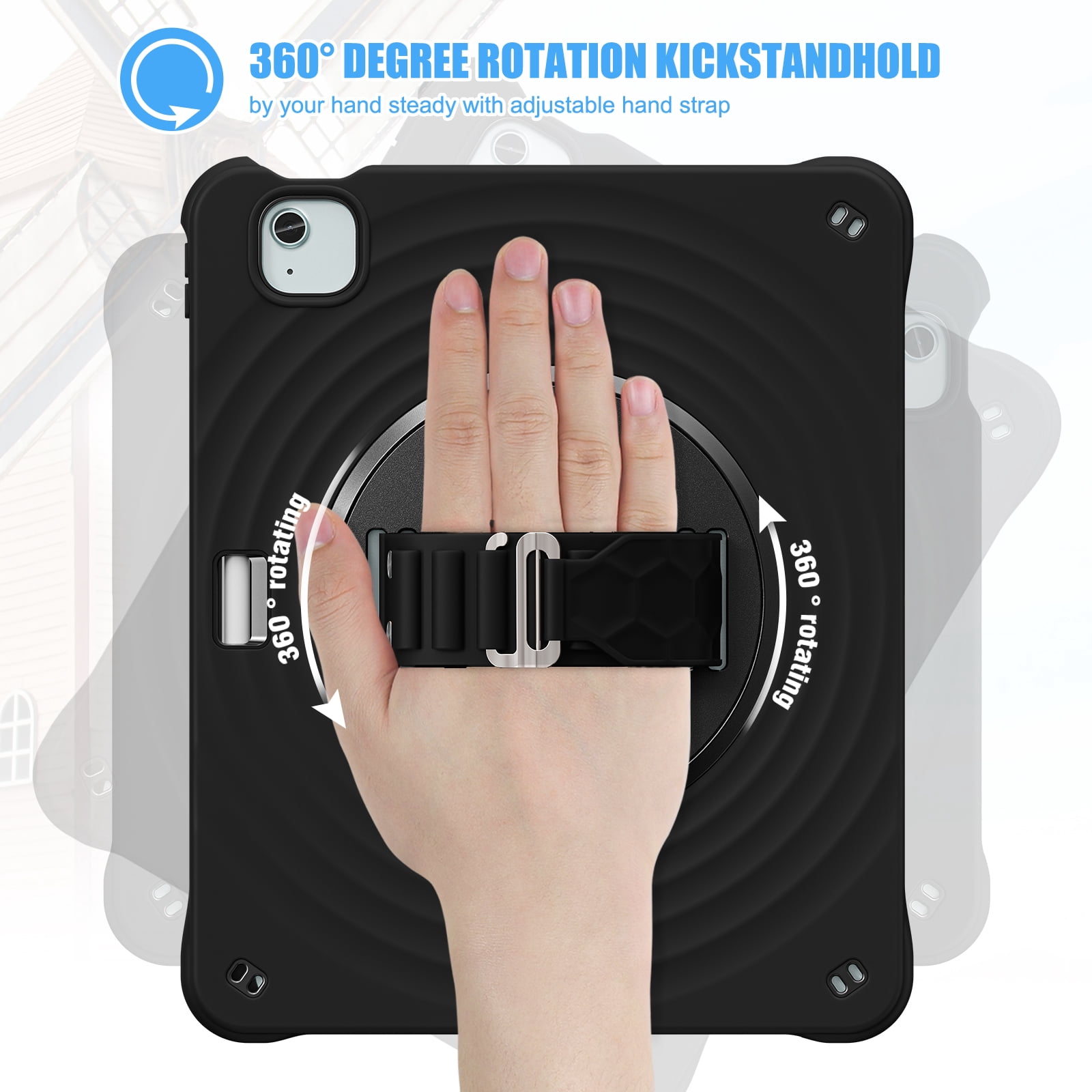 for iPad Air 13" 2025/2024 Case, Durable Sturdy Protection Case with Rotation Stand, Portable Hand Strap and Shoulder Strap Pencil Holder, Heavy Duty Shockproof Anti-Drop Cover, Black