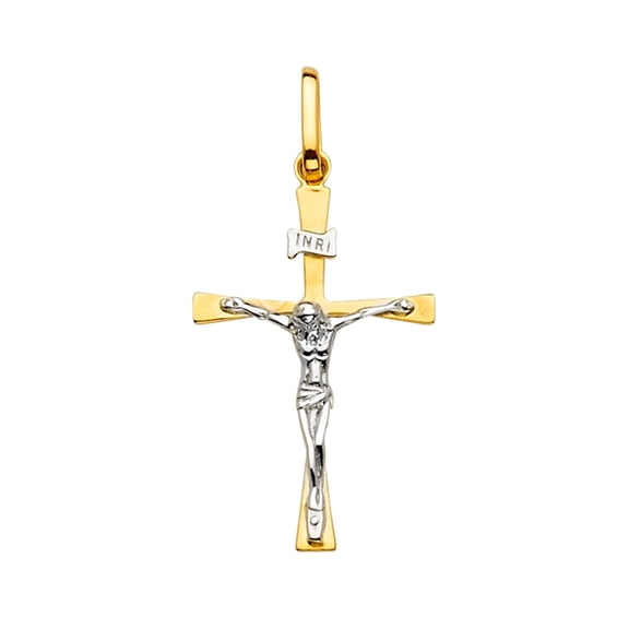 14K Two Tone Gold Religious Crucifix Cross Pendant for Necklace Chain | Jewelry Gift for Men Women | 35 x 17 MM | 1.1 grams