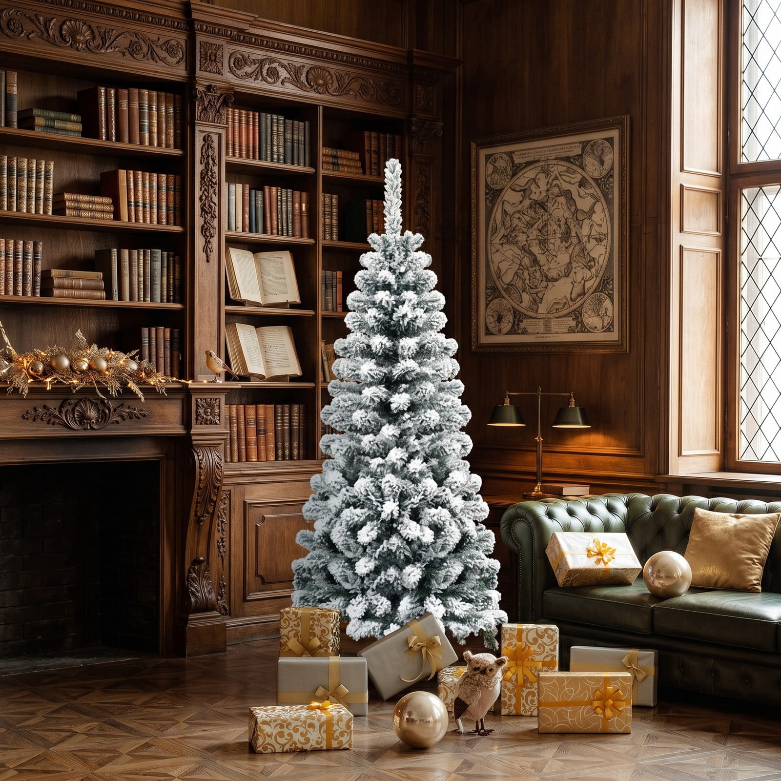RUIE 4.5 FT Unlit Snow Flocked Artificial Pencil Christmas Tree, Hinged Slim Xmas Tree with 242 Branch Tips and Metal Stand for Indoor Holiday Decor, White & Green