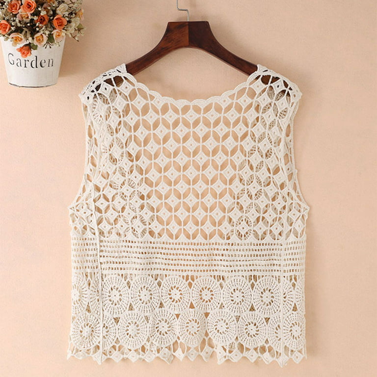 TRINGKY Women Hollow Out Crochet Crop Top Vest Open Front Floral Lace  Sleeveless for Jacket Cardigan Loose Boho Hippie Waistcoat